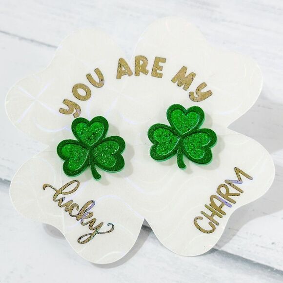 Shamrock Earrings-3 Leaf Clover Stud-St Patricks Day Earrings-Sparkly Green Stud - Picture 7 of 8